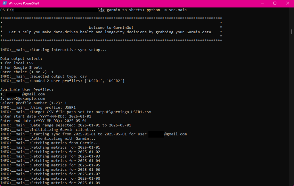 GarminGo: Running the App: A simple interactive menu guides you to download your Garmin data to Sheets or CSV.