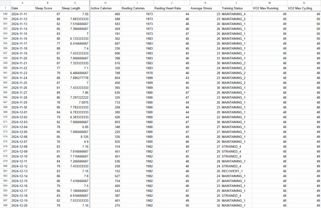 GarminGo: Google Sheets Output (can also be to local CSV): Your Garmin data ready for analysis or AI.
